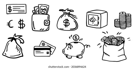 Vector set of money. safe, wallet, piggy bank, bag of coins, cards, check. Hand drawing. Doodle style. On a white isolated background