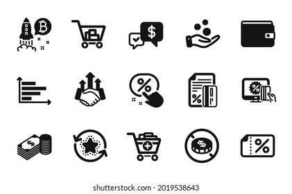 Vector set of Money wallet, Discount button and Discount banner icons simple set. Loyalty points, Bitcoin project and Internet shopping icons. Add products, Donation money and Savings signs. Vector