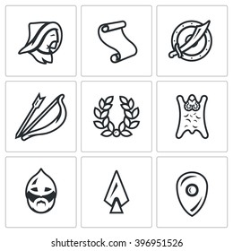 Vector Set Of Mongol Tatar Yoke Icons. Asian, Decree, Shield, Sword, Bow And Arrow, Glory,  Horde, Russian Warrior, Spear. The Conquest Of Russia Tatar-Mongol Khanate. 