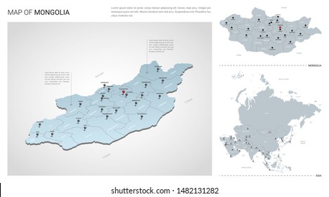 Vector set of Mongolia country.  Isometric 3d map, Mongolia map, Asia map - with region, state names and city names.