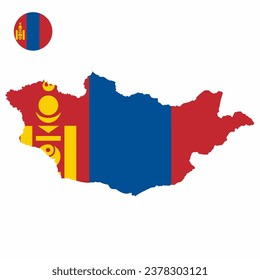 Vector set of Mongolia high detailed map flag and national flag round badge isolated on white background.