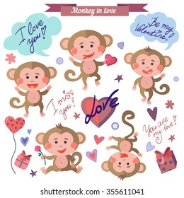 Vector set of monkey in love. Funny monkey in different poses. Symbol of the year.