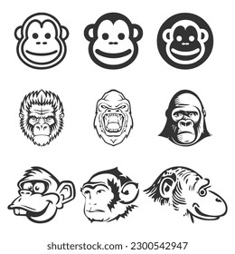 vector set of monkey and its silhouette