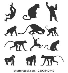 vector set of monkey and its silhouette