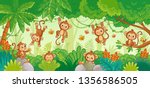 Vector set with monkey in various poses on jungle background. Macaques among the trees. Cute vector animal.