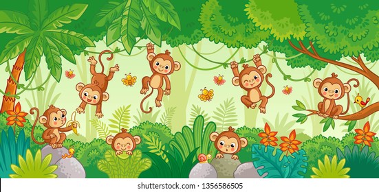 Vector set with monkey in various poses on jungle background. Macaques among the trees. Cute vector animal.