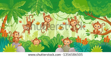 Vector set with monkey in various poses on jungle background. Macaques among the trees. Cute vector animal.
