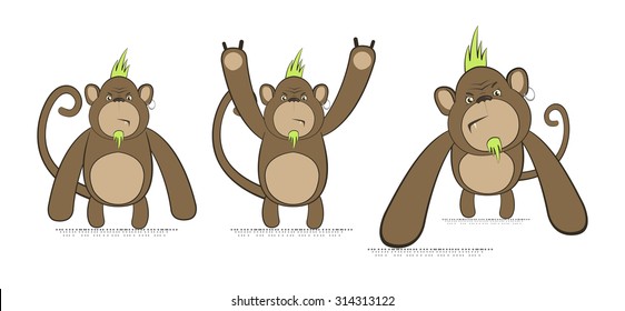 Vector set of monkeys in punk style, with green Mohawk and piercing 