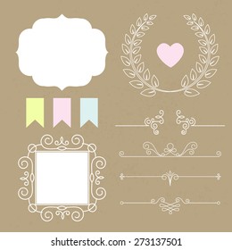 Vector set of mono line elements & frames for page decoration. Vintage design. Vector illustration