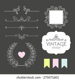 Vector set of mono line elements & frames for page decoration. Vintage design. Vector illustration