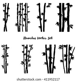 vector set of monochrome  bamboo, isolated stalks, black forest elements, hand drawn  illustration