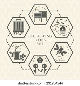 Vector set of monochrome beekeeping icons in flat style 