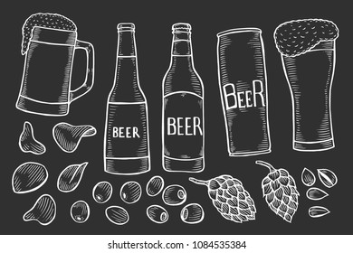 vector set of monochrome beer bottles and glass, hops, olives, chips Vector illustration isolated on black, white chalk on blackboard