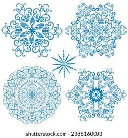 Vector set monochrome blue lace snowflakes. Isolated on transparent background