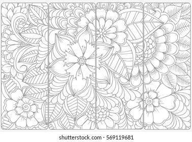 Vector set of monochrome bookmarks and doodle flowers for coloring adult coloring book.