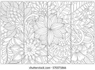 Vector set of monochrome bookmarks and doodle flowers for coloring adult coloring book.
