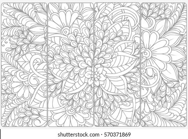 Vector set of monochrome bookmarks and doodle flowers for coloring adult coloring book.