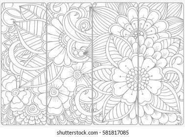 Vector set of monochrome bookmarks and doodle flowers for coloring adult coloring book.