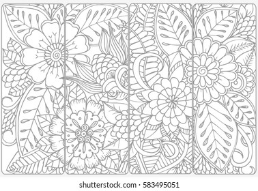 Vector set of monochrome bookmarks and doodle flowers for adult coloring book.