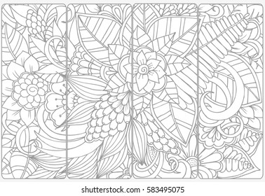 Vector set of monochrome bookmarks and doodle flowers for adult coloring book.