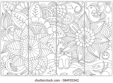 Vector set of monochrome bookmarks and doodle flowers for coloring adult coloring book.