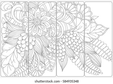 Vector set of monochrome bookmarks and doodle flowers for coloring adult coloring book.