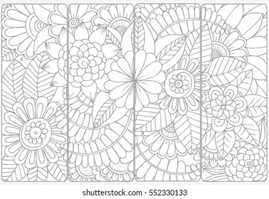Vector set of monochrome bookmarks .Floral doodling for coloring