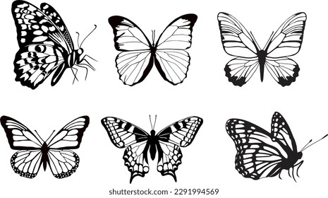 Conjunto vectorial de mariposas monocromáticas. Hermoso insecto con grandes alas negras. Dibujo de un escarabajo volador. Adecuado para el corte de arena, láser y trazador.
