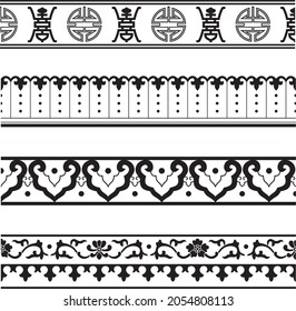 Vector set of monochrome Chinese national ornaments, borders. Asian seamless, endless pattern
