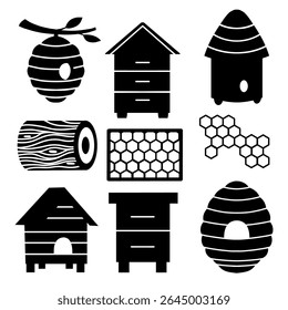 Vector set of monochrome clipart on the theme of beekeeping. Collection of houses for bees, apiaries, beehive, frame with honeycombs. Images for banners, postcards and articles