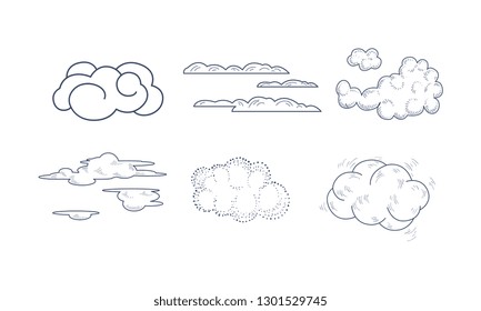 Vector set of monochrome clouds of different shapes in hand drawn style. Elements for postcard or children book