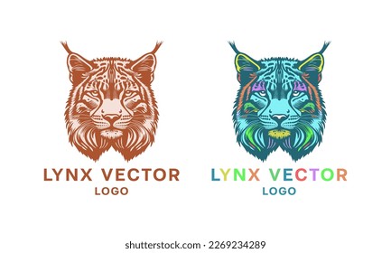 Vector set, monochrome and color lynx head logo. Icon, sticker or logotype on a white isolated background.