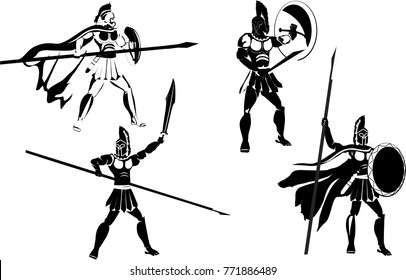 Vector set of  monochrome colored ancient macedonian warriors. Characters with weapons in different poses