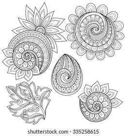 Vector Set of Monochrome Contour Floral Doodles, Floral Design Elements