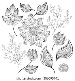 Vector Set of Monochrome Contour Flowers and Leaves, Floral Design Elements
