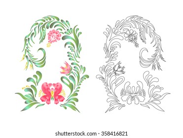 Vector set of monochrome contour flowers and colored flowers. Hand drawn floral ornament.