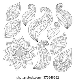 Vector Set of Monochrome Contour Flowers and Leaves, Floral Design Elements