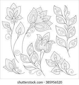Vector Set of Monochrome Contour Flowers and Leaves, Floral Design Elements