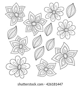Vector Set of Monochrome Contour Flowers and Leaves, Floral Design Elements