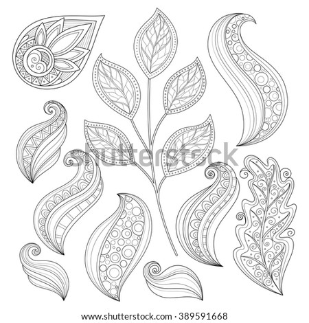 Vector Set of Monochrome Contour Flowers and Leaves, Floral Design Elements