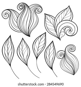 Vector Set of Monochrome Contour Leaves, Floral Design Elements