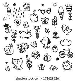 vector set of monochrome cute hand drawn elements for kids