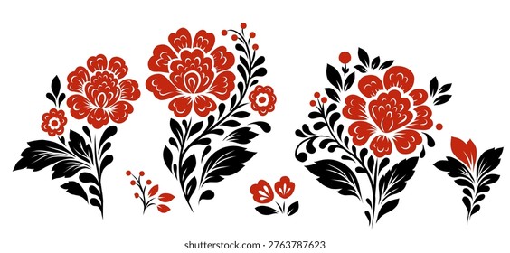 Vector set of monochrome decorative floral clip arts. Collection of Slavic tracery red flowers isolated from background for invitation, postcard and digital crafting