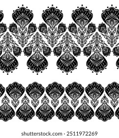 Conjunto de Vector de bordes de encaje decorativos monocromos aislados del fondo. Tracery negro silueta floral sin fisuras Horizontales frisos con ramos de flores para el Fondo de pantalla, tela