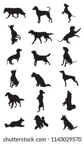Vector set of monochrome different breeds dogs silhouettes in motion- sitting, standing, lying, walking in profile isolated on white background.