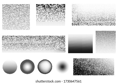  Vector set of monochrome dots with transition like gradient. Halftone abstract pattern of black dots. Monochrome gradient with round and rectangular silhouettes in a set.  Abstract gradient banner 