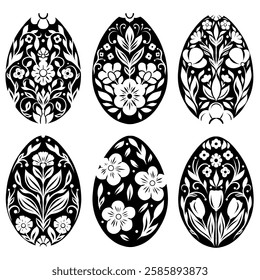 Vector set of monochrome Easter egg clip art in folk art style. Collection of tracery decorative holiday eggs silhouettes. Spring treats with floral ornament isolated from background.