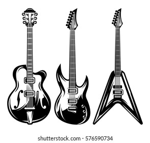 vector set of monochrome electric guitars for poster design