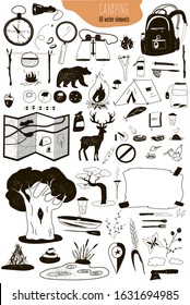 Vector set of monochrome elements about camping and travel to nature. Map, animals, compass. All you need for a hike.
