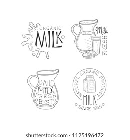 Vector set of monochrome emblems for dairy production business. Logos with milk splashes, jugs, cardboard packaging and glass with cookies